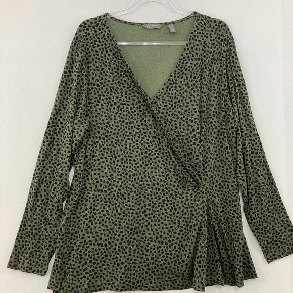 Lisa Rinna size XL Green Black Polka Dot Stretch Knit Surplice Blouse Office - Picture 1 of 8